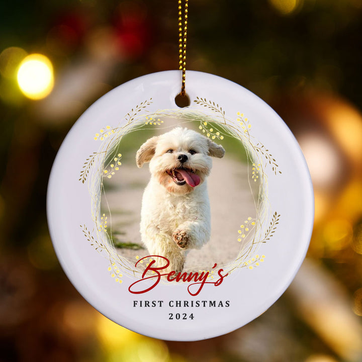Dog And Wreath First Christmas - Personalized Christmas Ornament