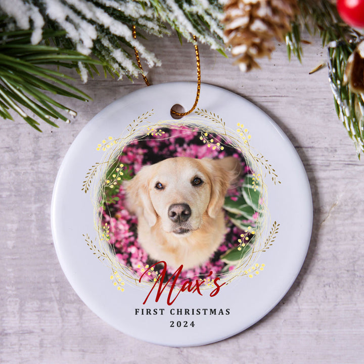 Dog And Wreath First Christmas - Personalized Christmas Ornament
