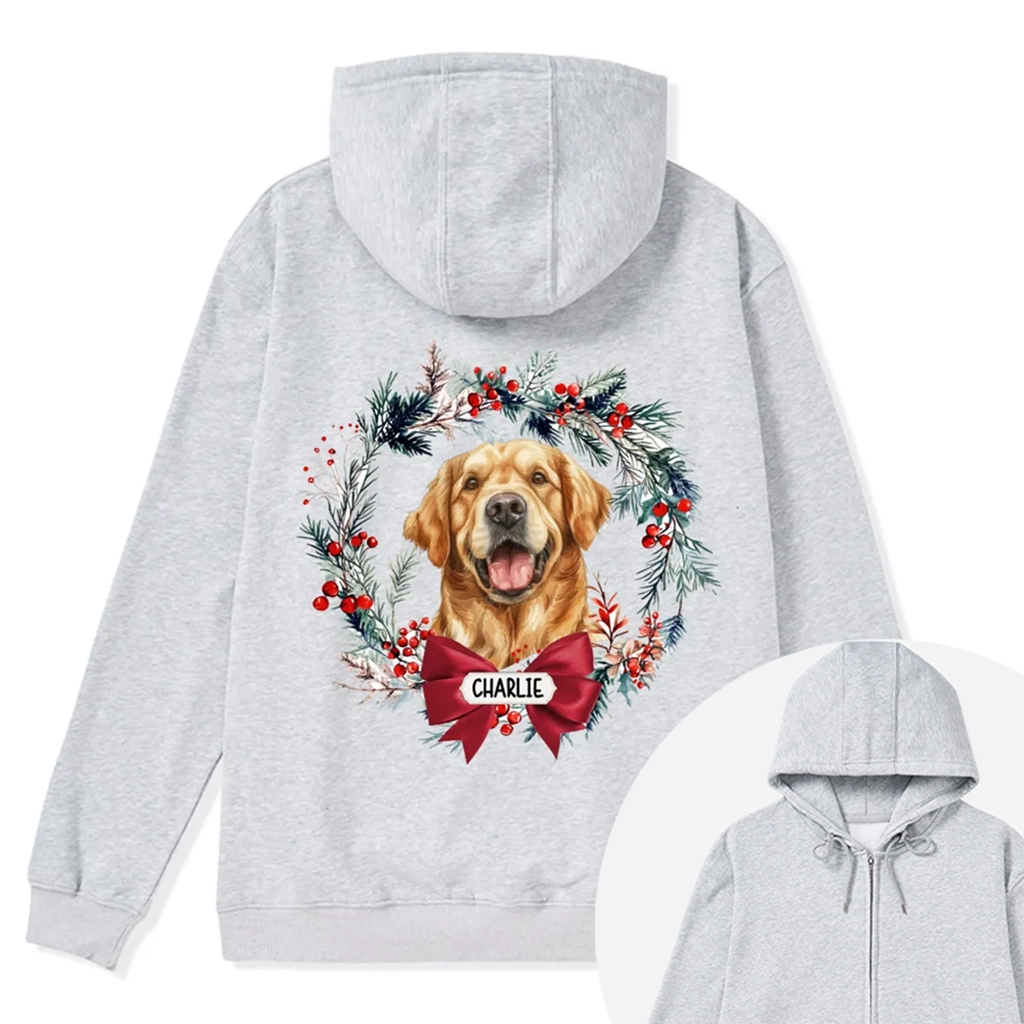 Dog and Christmas Wreath - Personalized Custom Zipper Hoodie