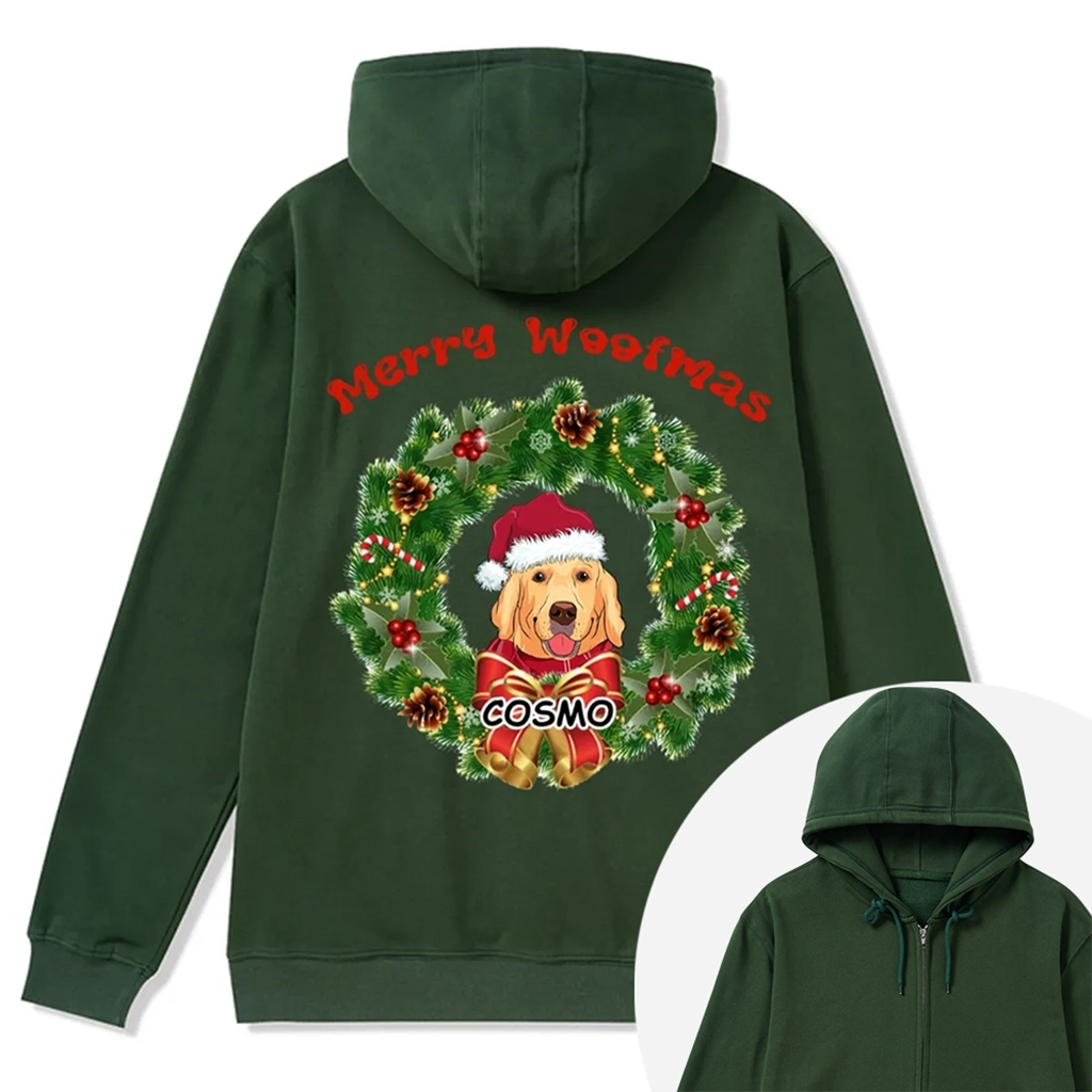 Merry Woofmas Dog Wreath - Personalized Custom Christmas Zipper Hoodie
